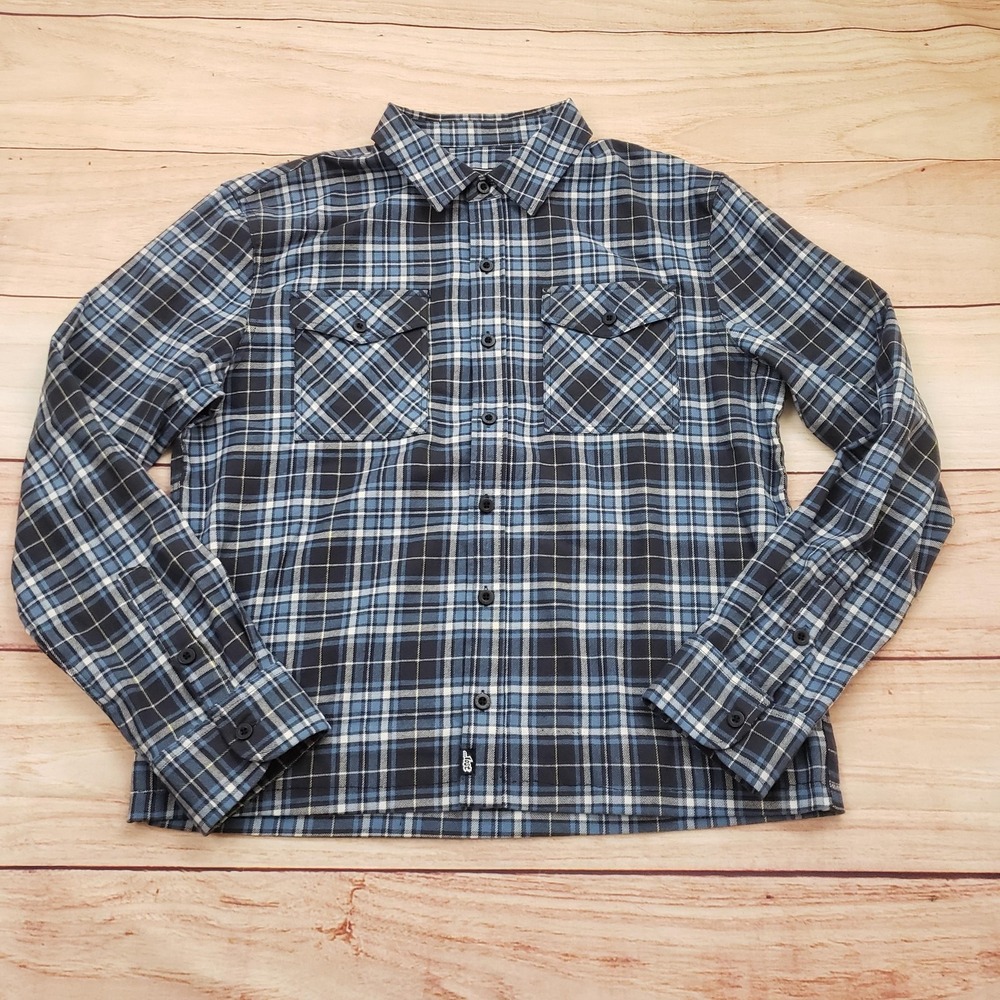 Lost Shirt Mens Medium Blue Gray Black Plaid Long Sleeve Button Front Casual